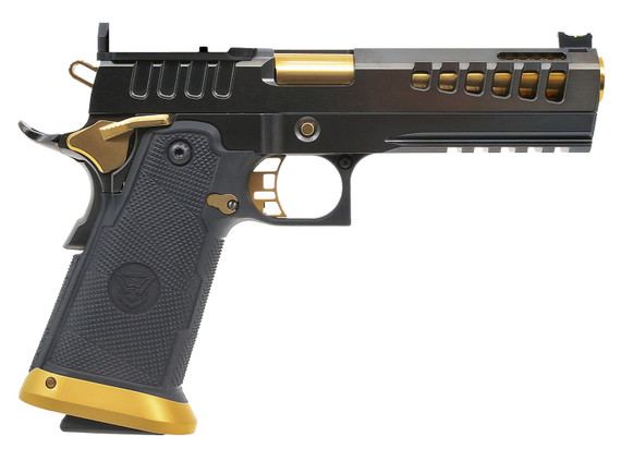 Watchtower DEMOLITIA9MM5GLD Demolitia Full Size Frame 9mm Luger 20+1/17+1 5 Gold Plated PVD Steel Barrel, Graphite PVD Optic Cut/Ported/Serrated Steel Slide, Black w/Gold Accents Steel Frame w/Beavertail & Pic Rail, Black Textured Grip, Pistol