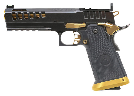 Watchtower DEMOLITIA9MM5GLD Demolitia Full Size Frame 9mm Luger 20+1/17+1 5 Gold Plated PVD Steel Barrel, Graphite PVD Optic Cut/Ported/Serrated Steel Slide, Black w/Gold Accents Steel Frame w/Beavertail & Pic Rail, Black Textured Grip, Pistol