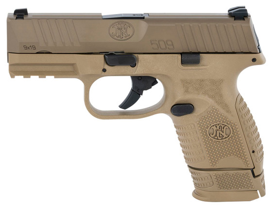 FN 66100818 509C Compact Frame 9mm Luger 15+1/12+1, 3.70" Black Steel BBL, FDE PVD Serr Stainless Slide & Polymer Frame w/Pic Rail, FDE Interchangeable Backstrap Grip, Ambidextrous,Pistol