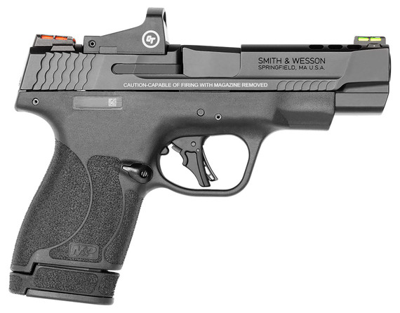 Smith & Wesson 13253 M&P Performance Center Shield Plus w/Optic 9mm Luger 10+1/13+1, 4 in Black Armornite Ported Stainless Steel Barrel & Optic Ready/Serrated w/Ports Slide, Matte Black Polymer Frame, 5 MOA Crimson Trace Red Dot, No Safety, Pistol