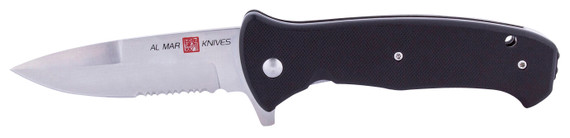 AL Mar Knives AMK2203 S.E.R.E. 2020 G 3.60 in Folding Talon Part Serrated Satin D2 Steel Blade G10 Black Handle