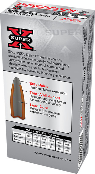 Winchester X222501 Super X 22-250Rem 55gr Jacketed Soft Point 20 Per Box/10 Case Centerfire, Rifle Ammunition