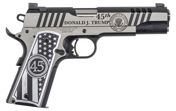 Auto-Ordnance 1911TCAC14N 1911 Trump One 45 ACP 5in Barrel 7+1, Overall Stainless Cerakote with Black Cerakote Accents, Serrated/Engraved with Ports Slide  Custom Flag Engraved Aluminum Grip