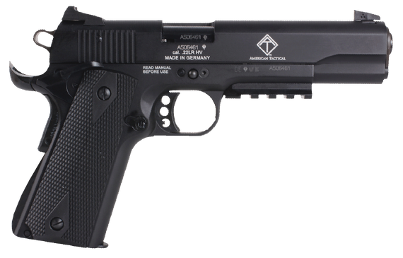 GSG GSG1911ADOP M1911 ADOP 22 LR 10+1 5 in Black Steel/Threaded Barrel & Serrated Slide, Zinc Alloy w/Accessory Rail & Beavertail Frame Black Double Diamond Polymer Grip, Pistol