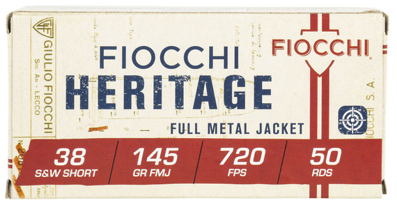 Fiocchi 38SWSHA Heritage 38S&WShort 145gr Full Metal Jacket 50 Per Box/20 Case Centerfire, Handgun Ammunition