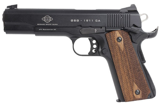 GSG GSG2210M1911CA 1911 *CA Compliant 22 LR 10+1 5 in All Black Anodized Steel Barrel, Serrated Slide, Zinc Alloy w/Beavertail Frame, Double Diamond Walnut Grip, Pistol
