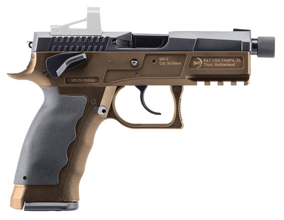 BT Firearms 510001 MKII DA/SA 9mm Luger 17+1 4.30in Threaded, Coyote Tan Picatinny Rail Frame, Black Shield RMS Cut Slide  Rubber Grip