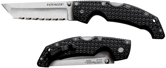 Cold Steel CS29ATS Voyager Large 4 in Folding Tanto Serrated Stonewashed AUS-10A SS Blade/5.25 in Black Textured Griv-Ex w/Aluminum Liners Handle Includes Belt Clip