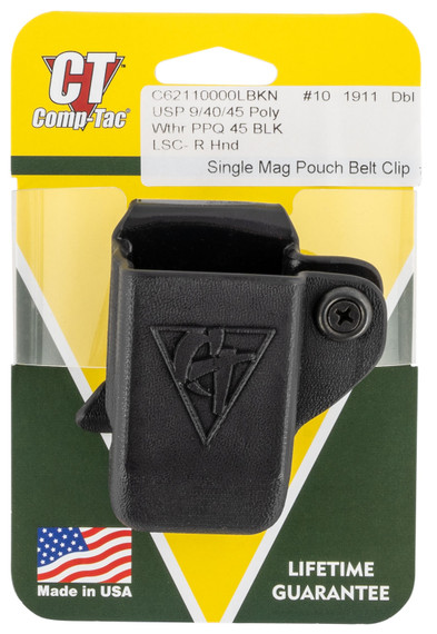Comp-Tac C62110000LBKN Single Mag Pouch OWB Black Kydex Belt Clip Compatible w/ 1911/Walther PPQ/HK Belts 1.50 in Wide Right Hand