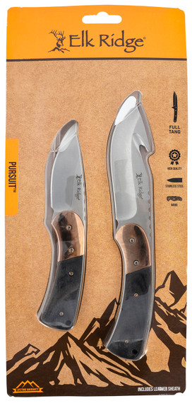 Elk Ridge ER20010BKCS Pursuit Knife Set 3.75 in Fixed Gut Hook/Drop Point Satin 3CR13MoV SS Blade Brown Pakkawood Handle