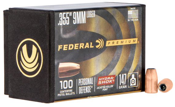 Federal PB9HS147 Hydra-Shok Component 9mm .355 147 gr Jacketed Hollow Point (JHP) 100 Per Box