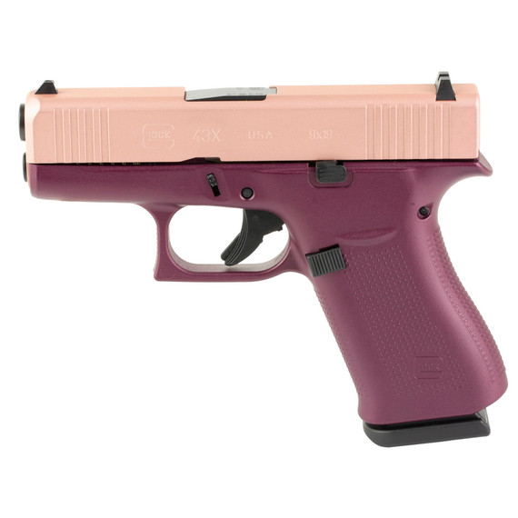 Glock 43X, Semi-auto, Striker Fired, Sub-Compact, 9MM, 3.41 in Barrel, Cerakote Finish, Black Cherry Frame with Rose Gold Slide, 10 Rounds, 2 Mags UX4350204-BCFRRGS