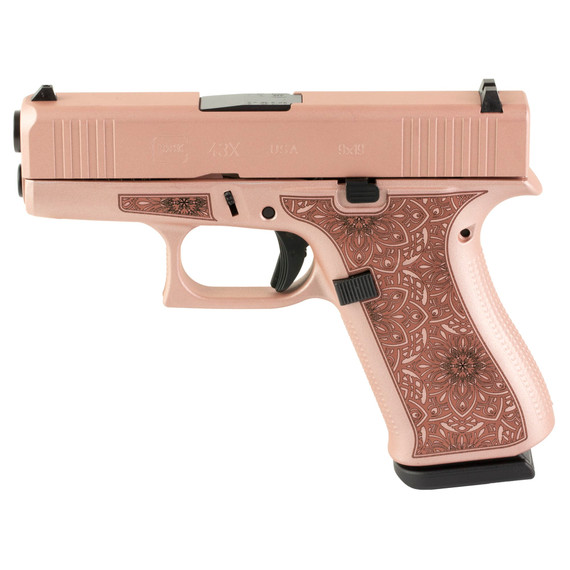 Glock 43X, Semi-auto, Striker Fired, Sub-Compact, 9MM, 3.41 in Barrel, Cerakote Finish, Rose Gold, Paisley Laser Engraving, 10 Rounds, 2 Mags UX4350204-RGLAS
