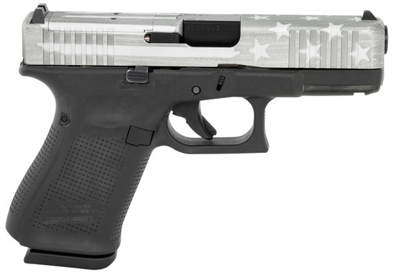 Glock PA195S204MOS-BWFS G19 Gen5 MOS 9mm Luger 4.02 in 15+1 Black Polymer Frame Battle Worn Flag Steel Slide with Front Serrations & MOS Cuts Slide Rough Textured Interchangeable Backstraps Grip