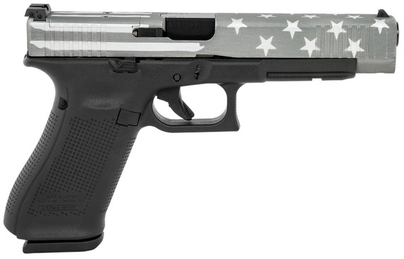 Glock PA343S104MOS-BWFS G34 Gen5 MOS 9mm Luger 5.31 in 17+1 Black Polymer Frame Battle Worn Flag Cerakote Steel with Front Serrations & MOS Cuts Slide Rough Textured Interchangeable Backstraps Grip