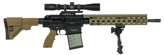 HK MR762A1 Long Range Package II MR762LRPLCA1, 308 Win/7.62 NATO, 16.5 in BBL, Semi-Auto, Adj Tan Stock, 14.7 in MRS Rail, Black Finish/Tan Inserts, 10 Rds, No Scope
