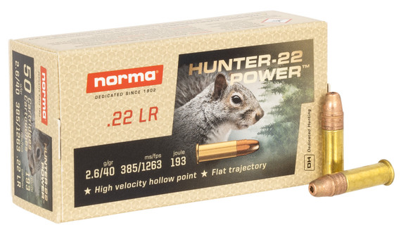 Norma Ammunition 2425096 Dedicated Precision Hunter Power 22 LR 40 gr Jacket Hollow Point 50 Per Box/ 100 Cs