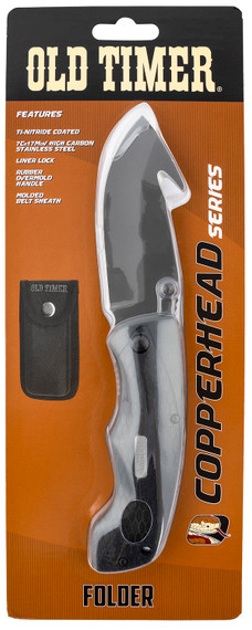 Old Timer 2148OTCP Old Timer Copperhead 3.42 in Folding Gut Hook Plain 7Cr17MoV High Carbon SS Blade Black Rubber Snakeskin Handle