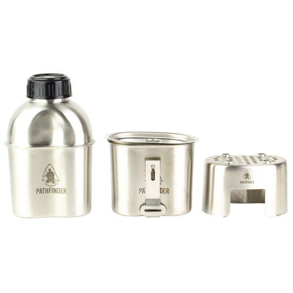 Pathfinder Canteen Cooking Set, 39oz Wide-mouth Stainless Steel Canteen, 25oz Stainless Steel Nesting Cup, Stainless Steel Canteen Nesting Stove, Pathfinder Canteen Cup Lid PFCCS-101