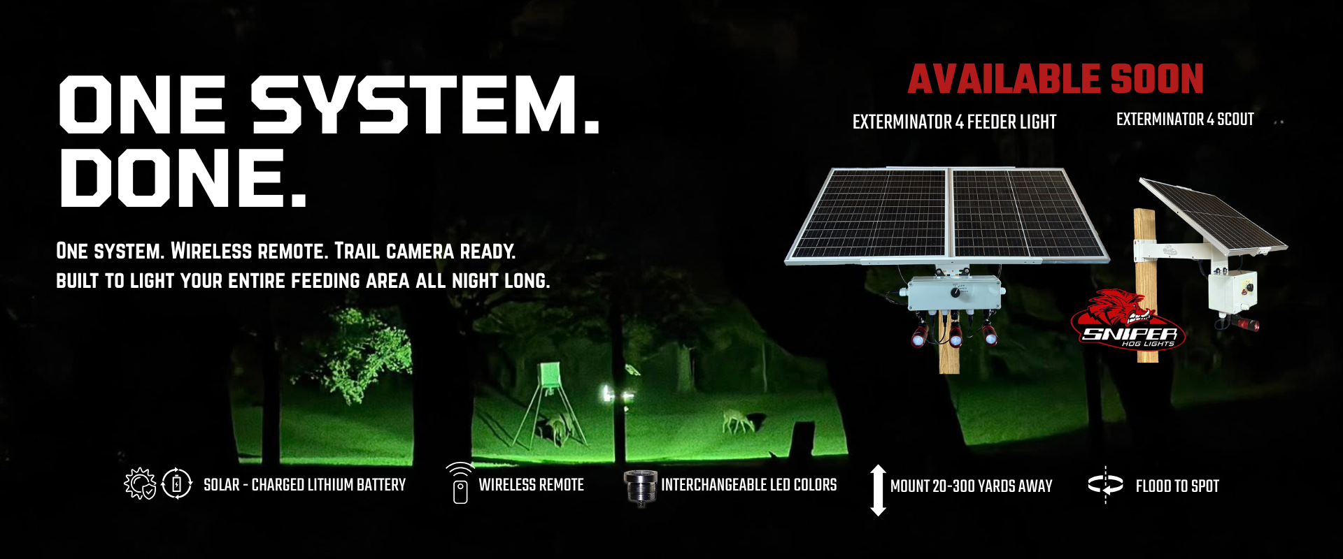Exterminator 4 solar feeder light system with wireless remote, solar-charged lithium battery, interchangeable LED colors and trail camera compatibility.