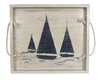 Navy Wooden Tray with Etched Sailboats and Rope Accent Handles - 20"
