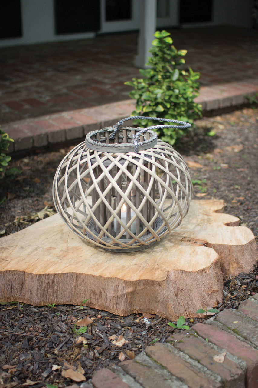 Low Round Grey Willow Lantern with Glass - Size Small