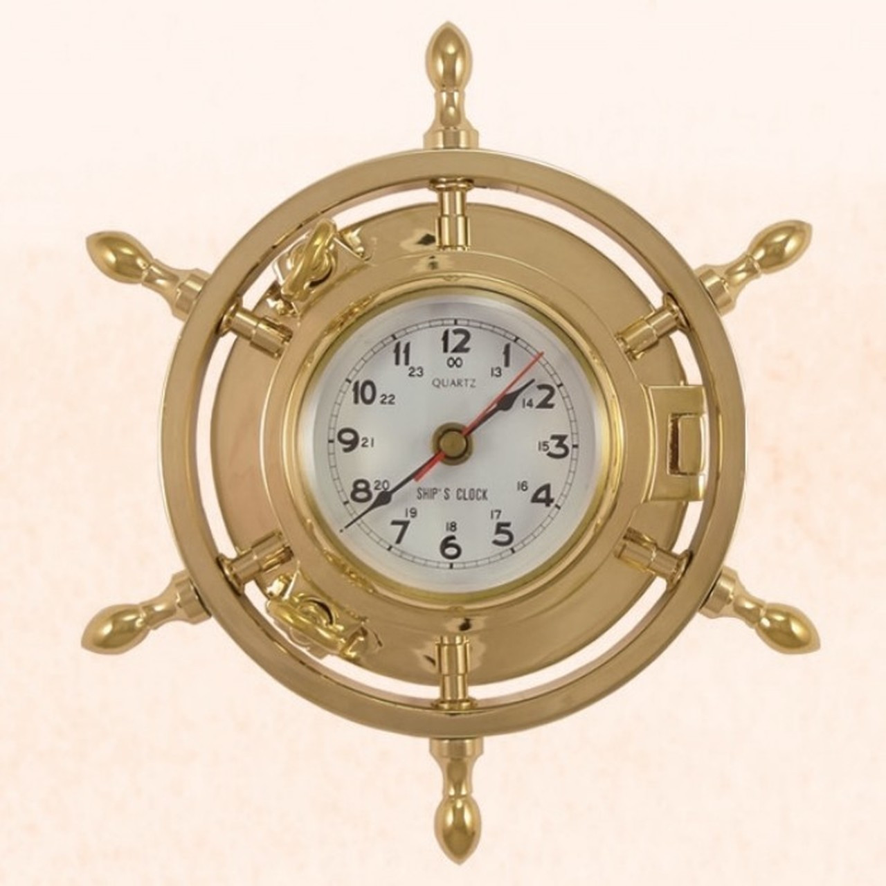 Brass Porthole Ship Wheel Clock with Copper Spokes - 9