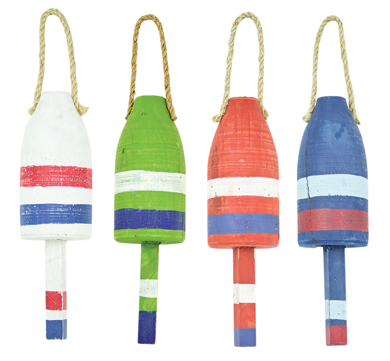 (MS-225)
Set of 4 Medium 13.5" Distressed Wooden Buoys - White, Green, Red, and Blue