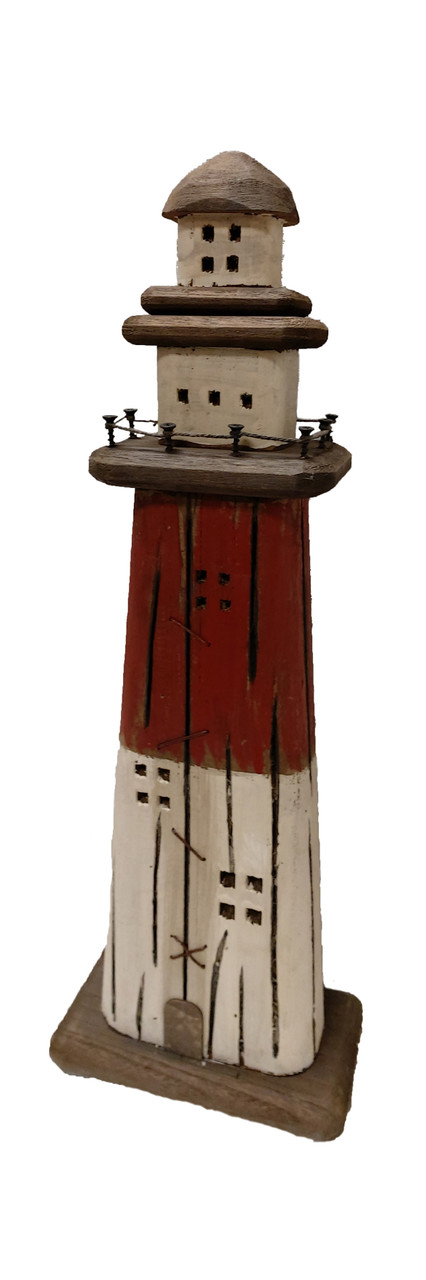 (WL-071) 20" Antique Wooden Lighthouse with Metal Accents