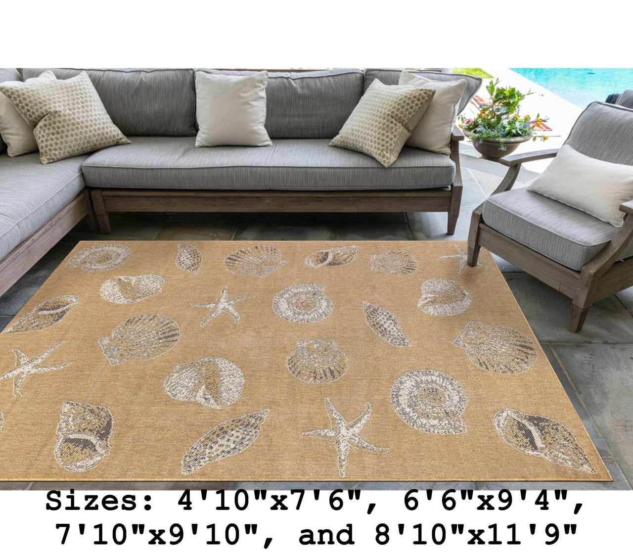 Sand Carmel Shells Indoor/Outdoor Rug -  Rectangle Lifestyle