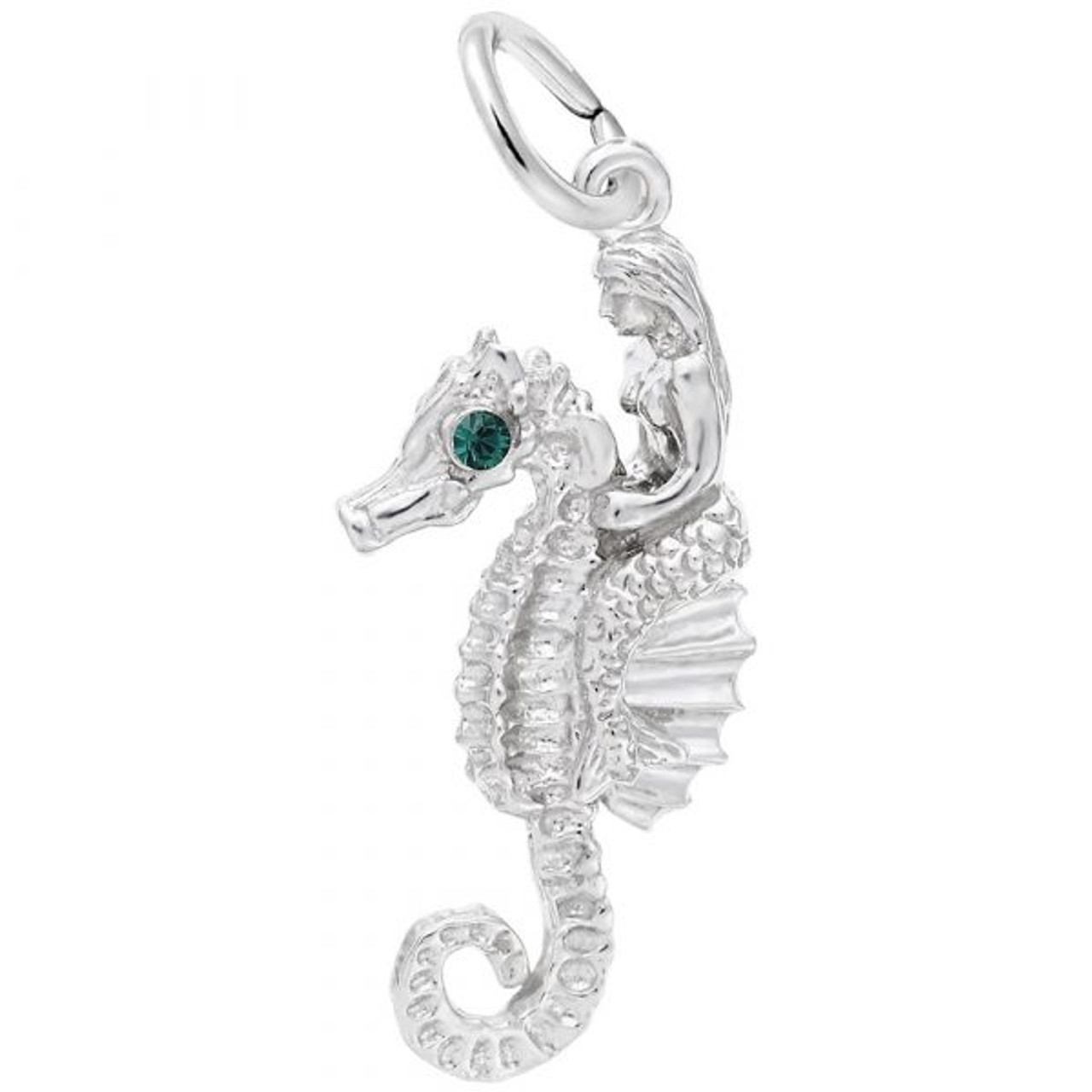 Mermaid and Seahorse Charm with Green Stone Accent - Sterling Silver and 14k White Gold