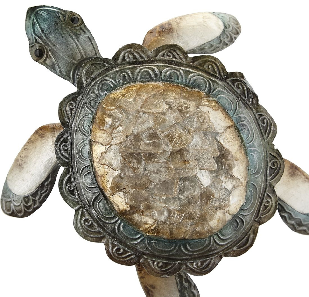  Ruffled Turtle on Stand - Rustic - 11" x 8" - Metal & Capiz Art - Closeup
