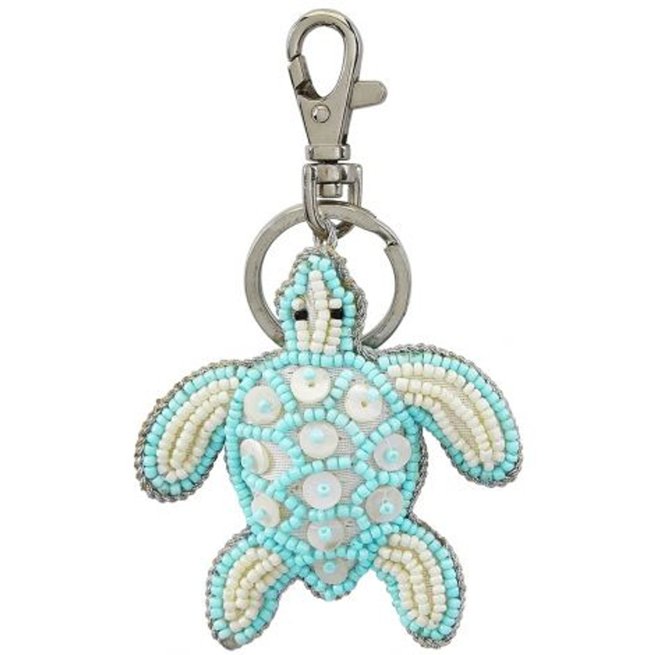 Blue Turtle Key Ring - Mother of Pearl & Beads - 3" - Front
