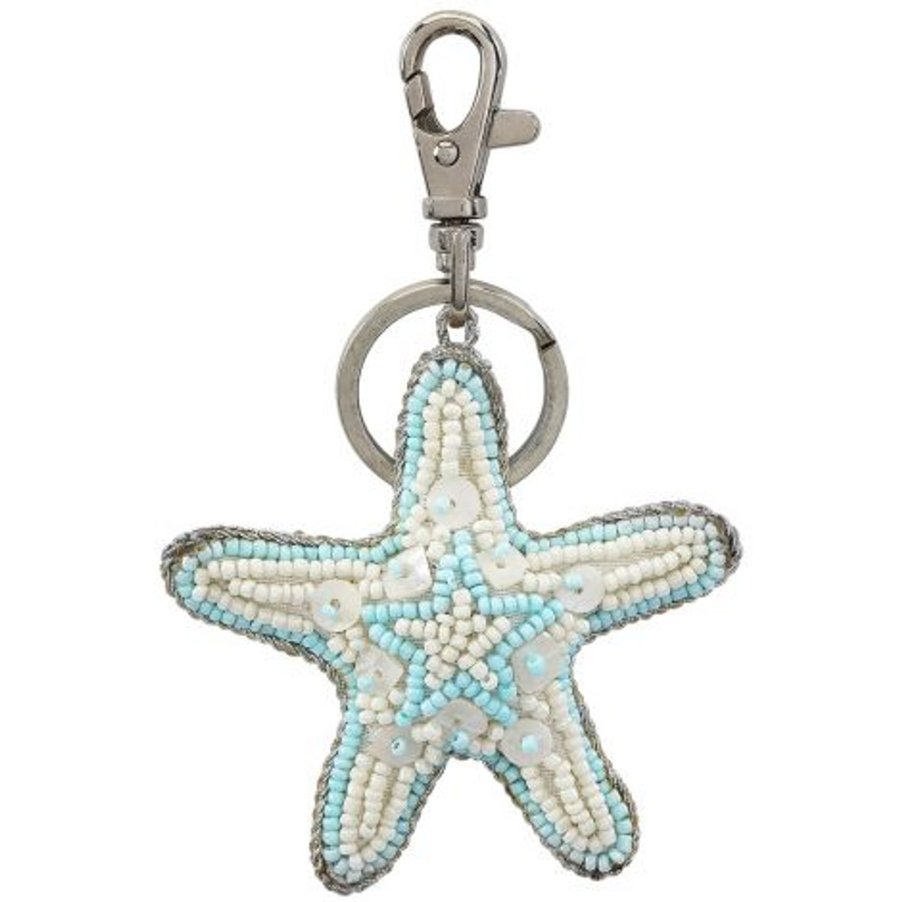 Blue Starfish Key Ring - Mother of Pearl & Beads - 3" - Front