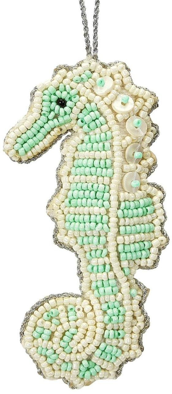Seahorse Mother of Pearl & Beads Ornament - Mint Green