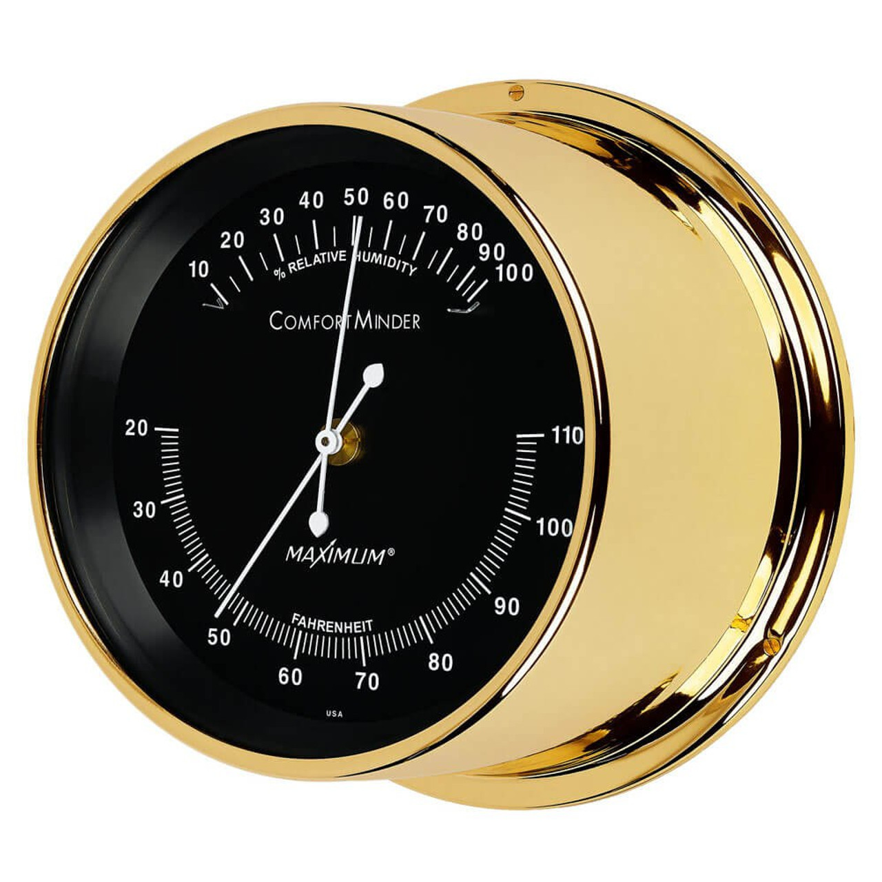 Comfortminder Humidity and Thermometer Comfort Reading Instrument - Polished Brass Case - Black Face