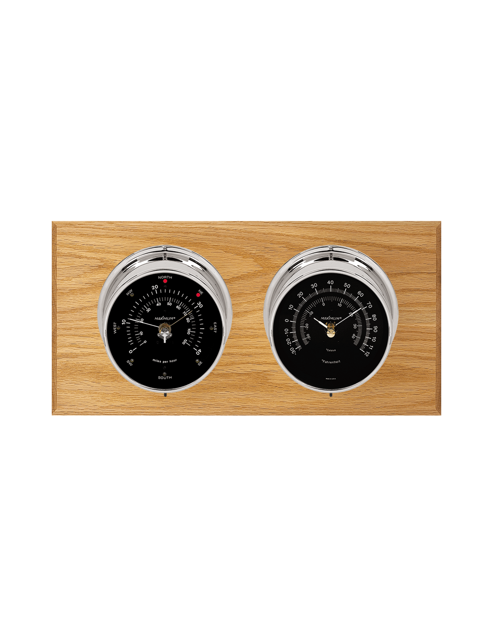  Catalina Wind and Temperature Weather Station - 2 Instruments - Polished Chrome Cases  - Oak Wood - Black Face -   2 Scales -Reads 0-120 mph  
