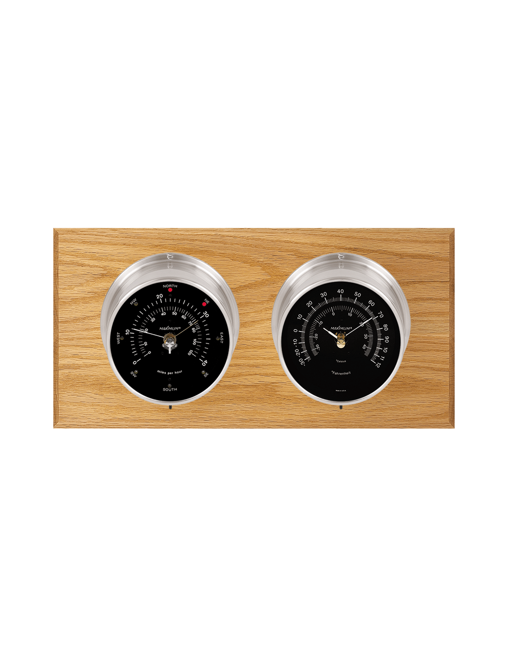  Catalina Wind and Temperature Weather Station - 2 Instruments - Polished Chrome Cases  - Oak Wood - Black Face -  2 Scales -Reads 0-120 mph 