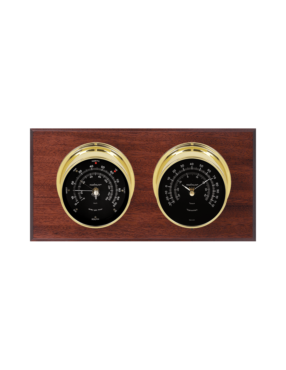 Catalina Wind and Temperature Weather Station - 2 Instruments - Polished Brass Cases  Mahogany Wood - Black Face - Reads 0-100 mph