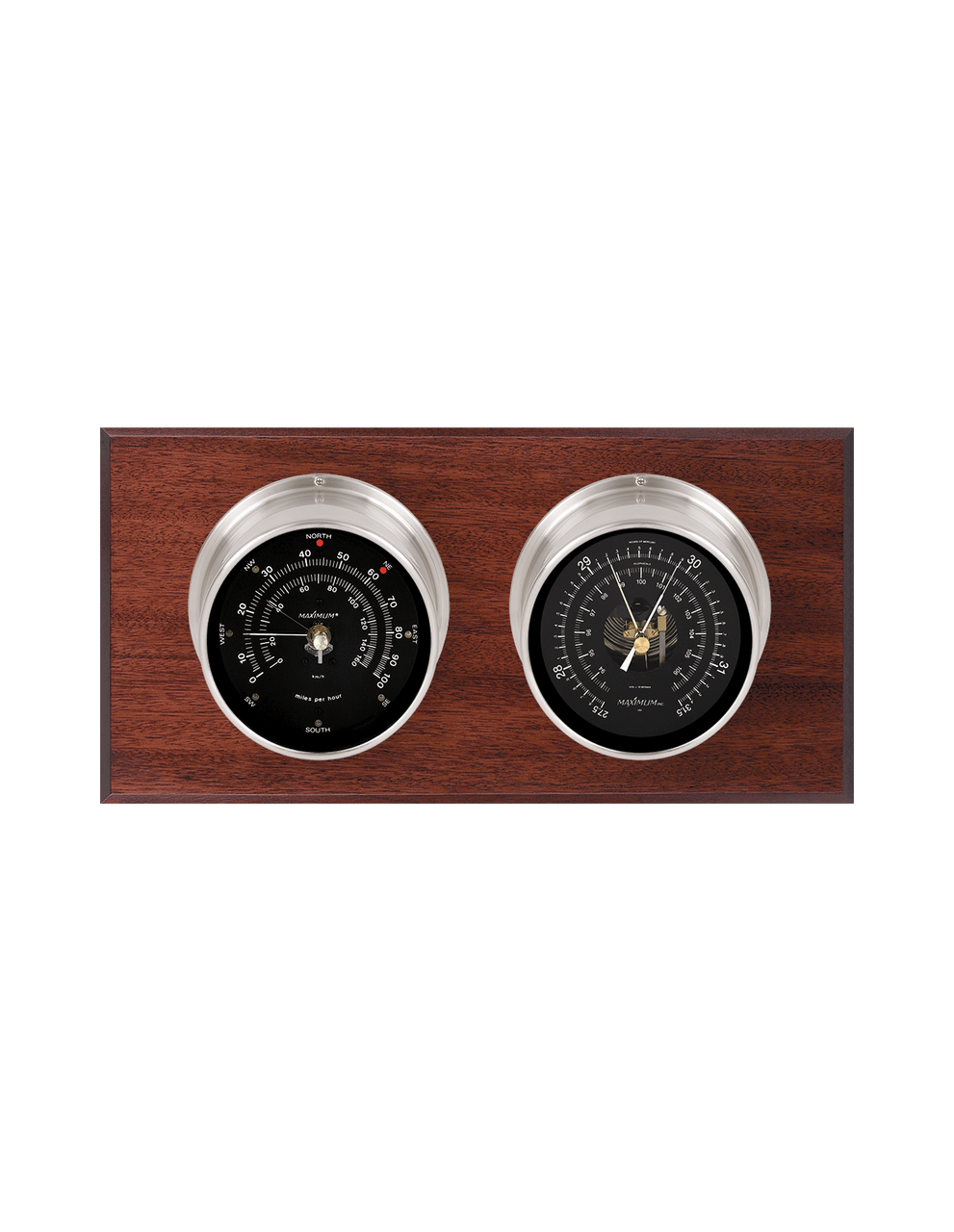 Hatteras Wind and Barometer Weather Station - 2 Instruments - Polished Chrome Cases - Mahogany Wood - Black Face - Reads 0-100 mph