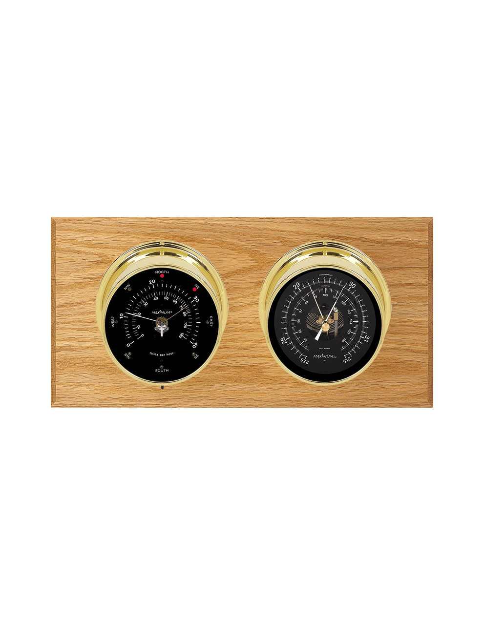 Hatteras Wind and Barometer Weather Station - 2 Instruments - PVD Brass Oak Wood - Black Face - 2 Scales -Reads 0-120 mph