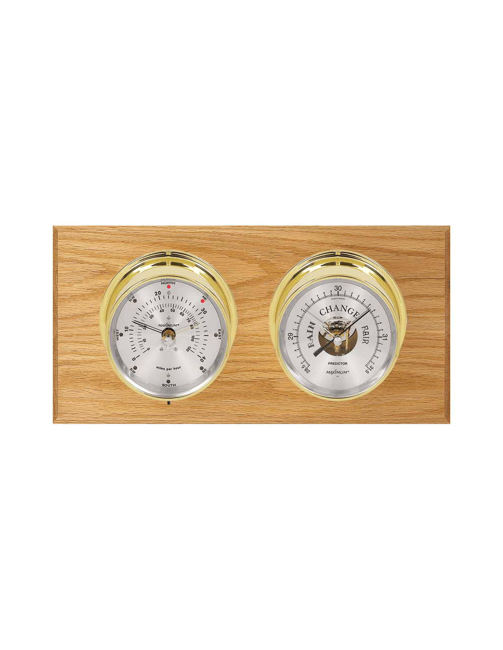 Wind and Barometer Weather Station - 2 Instruments - Polished Brass Cases - Oak  Wood - Silver Face -  2 Scales -Reads 0-120 mph