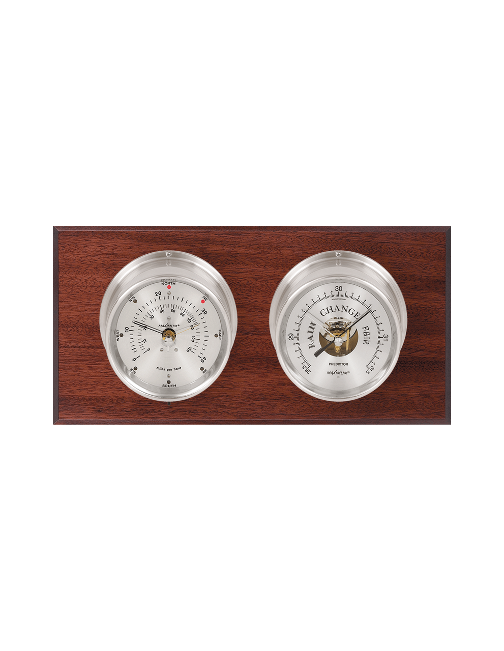 Portland Wind and Barometer Weather Station - 2 Instruments - Satin Nickel Cases - Mahogany Wood - Silver Face -  2 Scales -Reads 0-120 mph