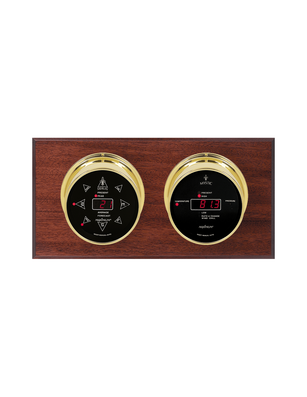 Sorcerer LED Wind, Thermometer, and Barometer Weather Station - 2 Instruments - PVD Brass Cases - Mahogany 