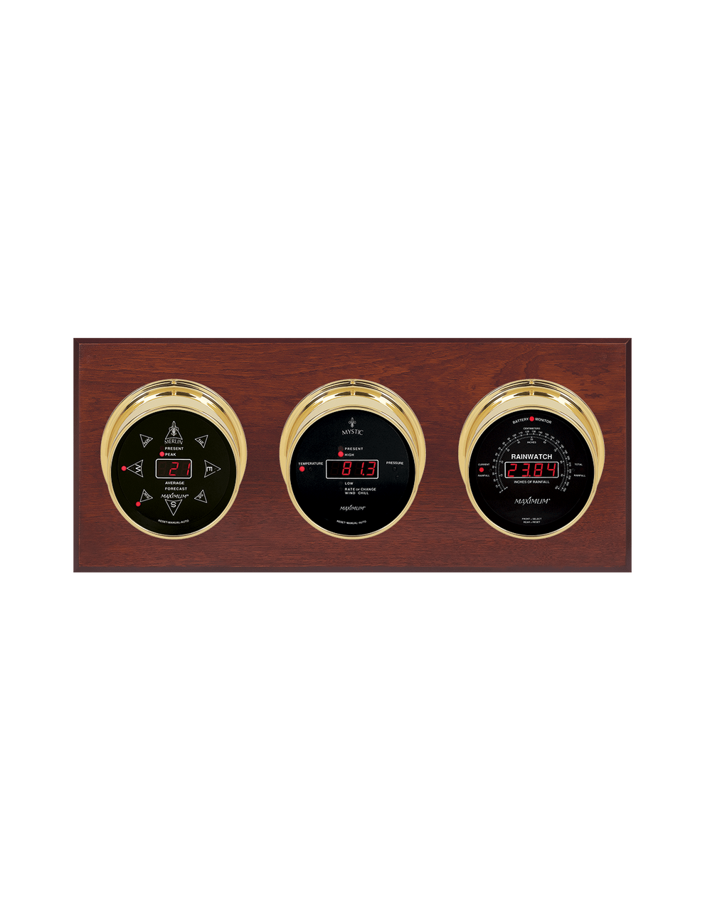 Blackwatch LED Wind, Thermometer, Barometer, and Rainfall Weather Station - 3 Instruments - Polished Brass Cases - Mahogany