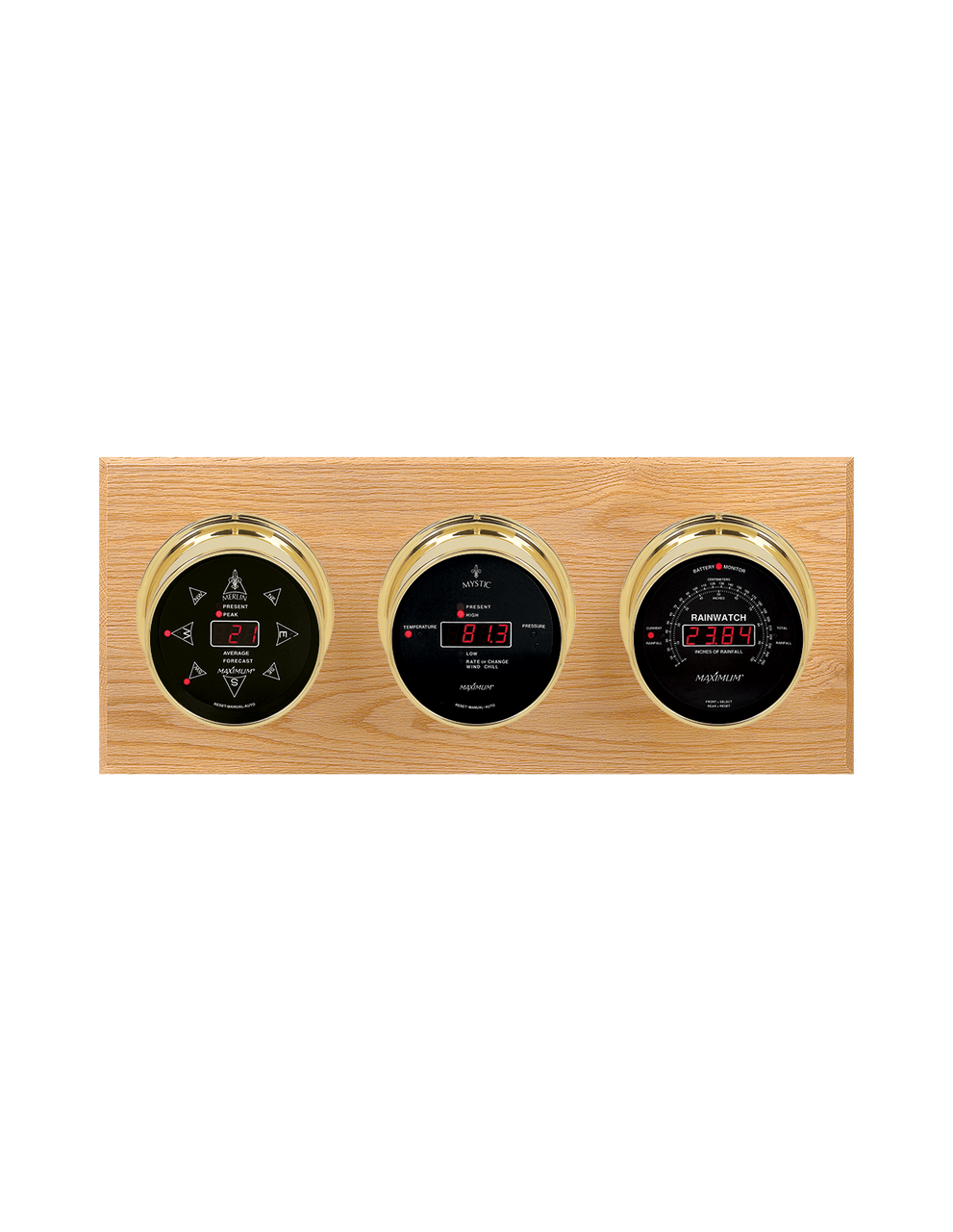 Blackwatch LED Wind, Thermometer, Barometer, and Rainfall Weather Station - 3 Instruments - Polished Brass Cases - Oak
