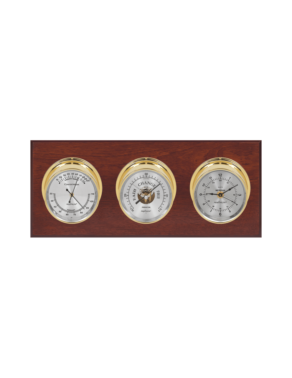 Executive Thermometer, Humidity Reader, Barometer, and Clock Weather Station - 3 Instruments - Polished Brass Cases - Mahogany - Silver Face