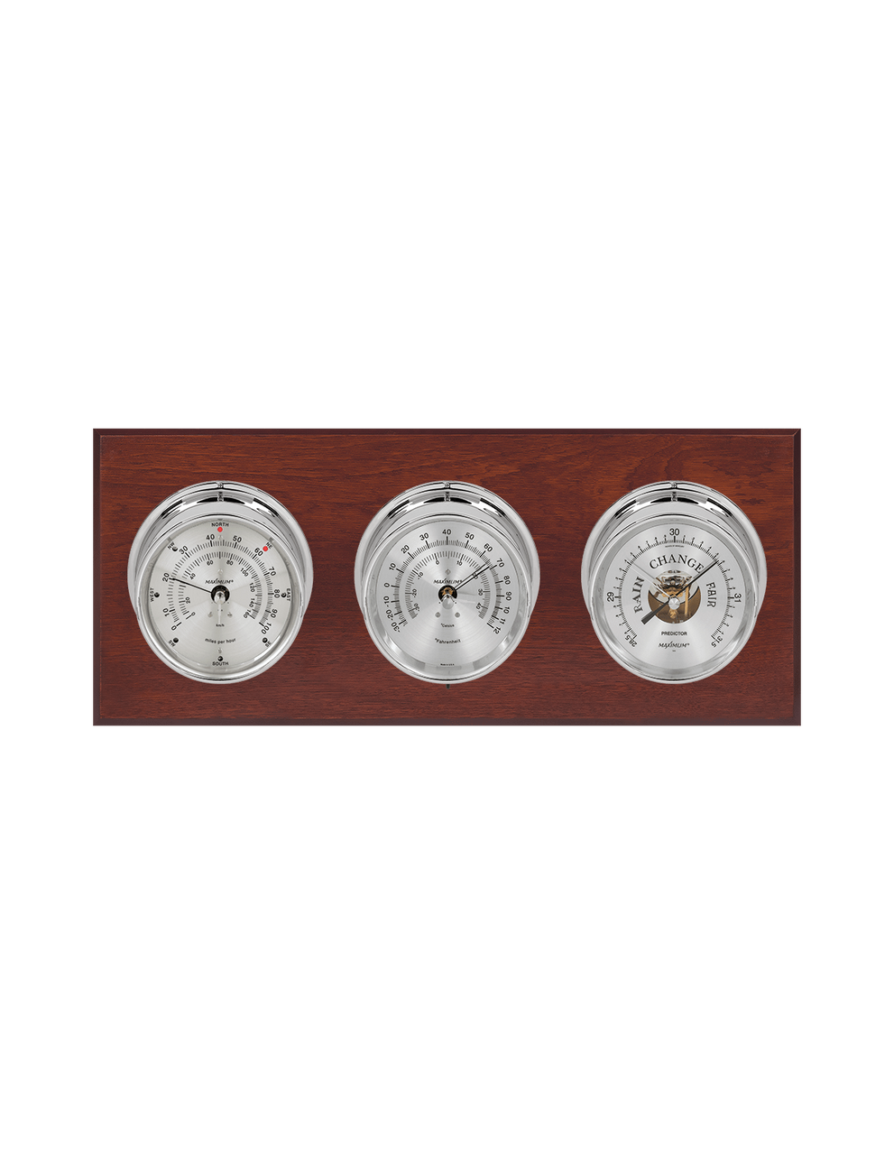 Montauk Thermometer, Wind, and Barometer Weather Station - 3 Instruments - Polished Chrome Cases - Mahogany - Reads 0-100 mph