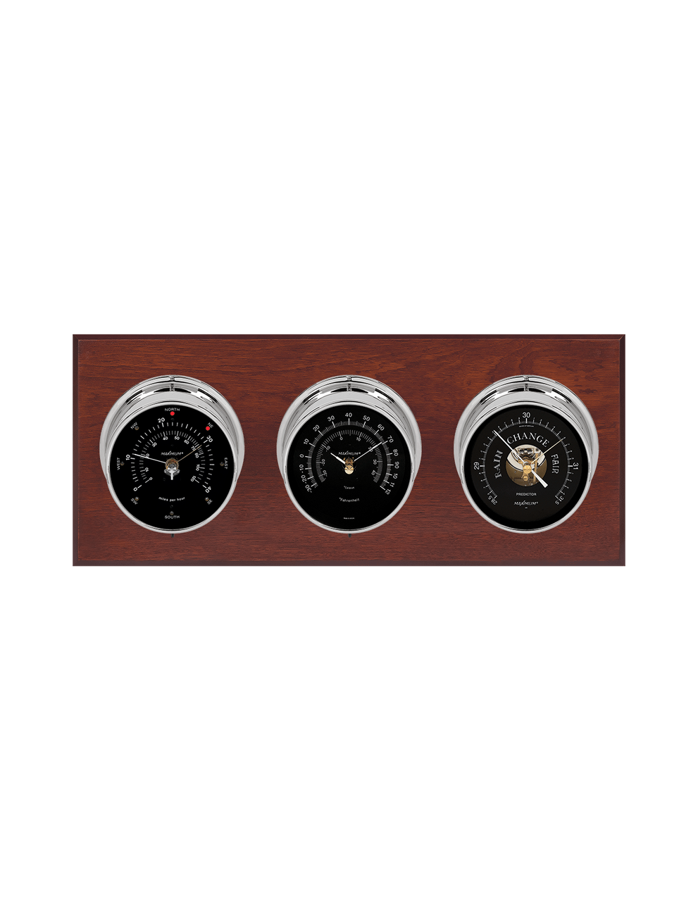 Montauk Thermometer, Wind, and Barometer Weather Station - 3 Instruments - Polished Chrome Cases - Mahogany - 2 Scales -Reads 0-120 mph