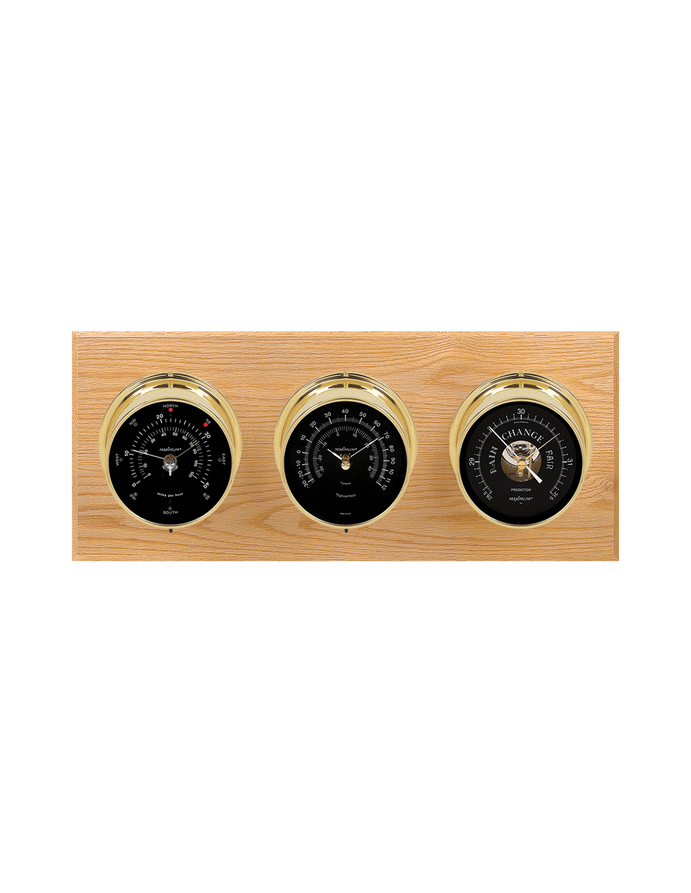 Montauk Thermometer, Wind, and Barometer Weather Station - 3 Instruments - PVD Brass - Oak - 2 Scales -Reads 0-120 mph